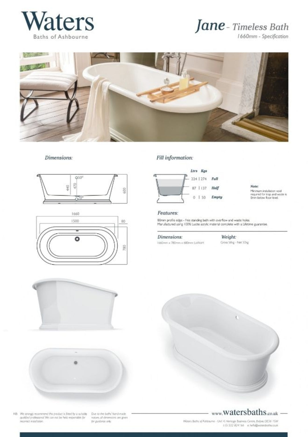 Waters Jane 1660mm Freestanding Bath White