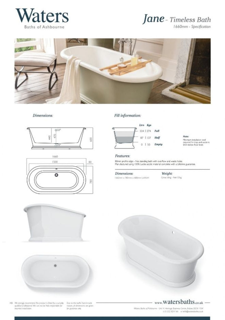 Waters Jane 1660mm Freestanding Bath White