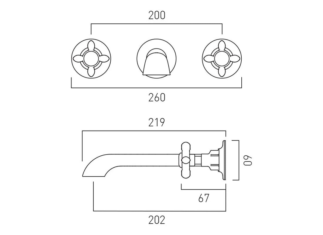 Booth & Co Axbridge Wall Mounted Cross Handles 3 Hole Basin Mixer