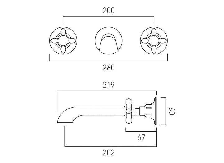Booth & Co Axbridge Wall Mounted Cross Handles 3 Hole Basin Mixer