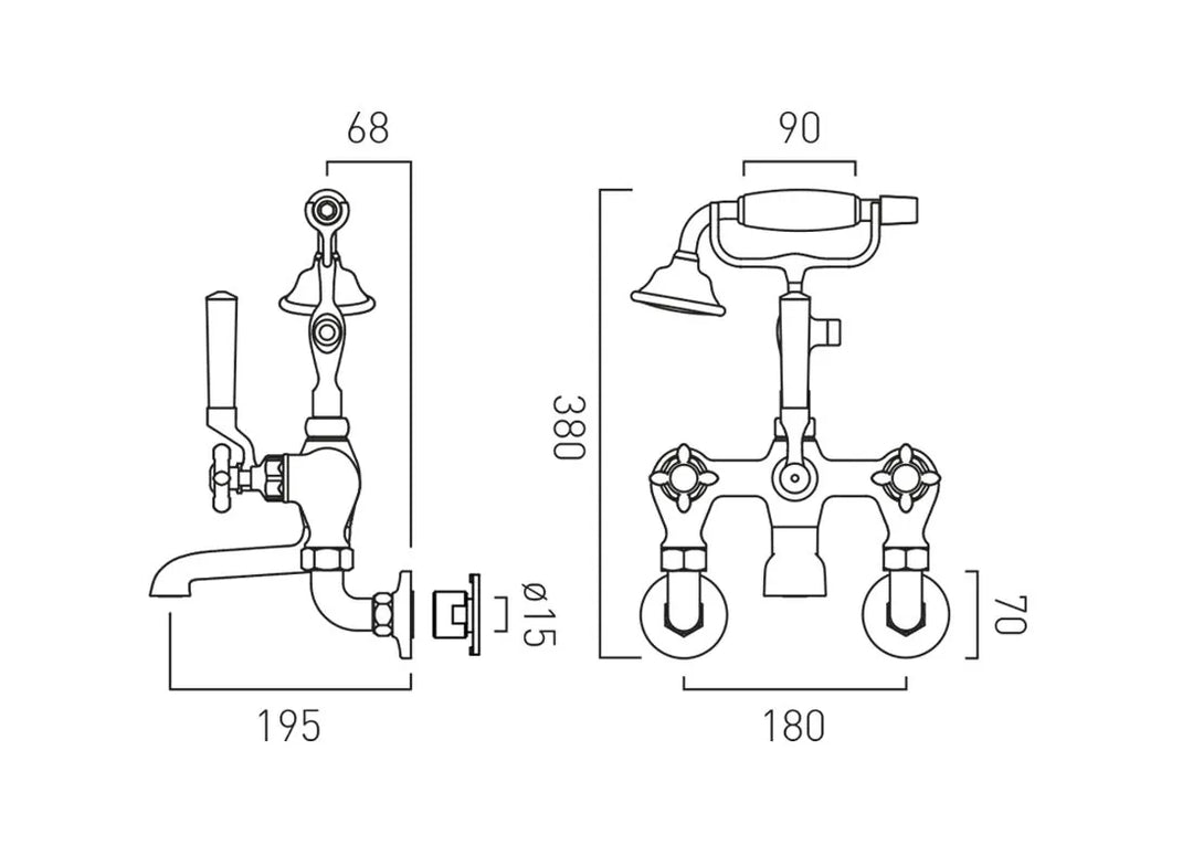 Booth & Co Axbridge Cross Handles Wall Mounted Bath Shower Mixer
