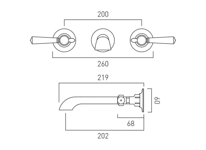Booth & Co Axbridge Wall Mounted Lever Handles 3 Hole Basin Mixer