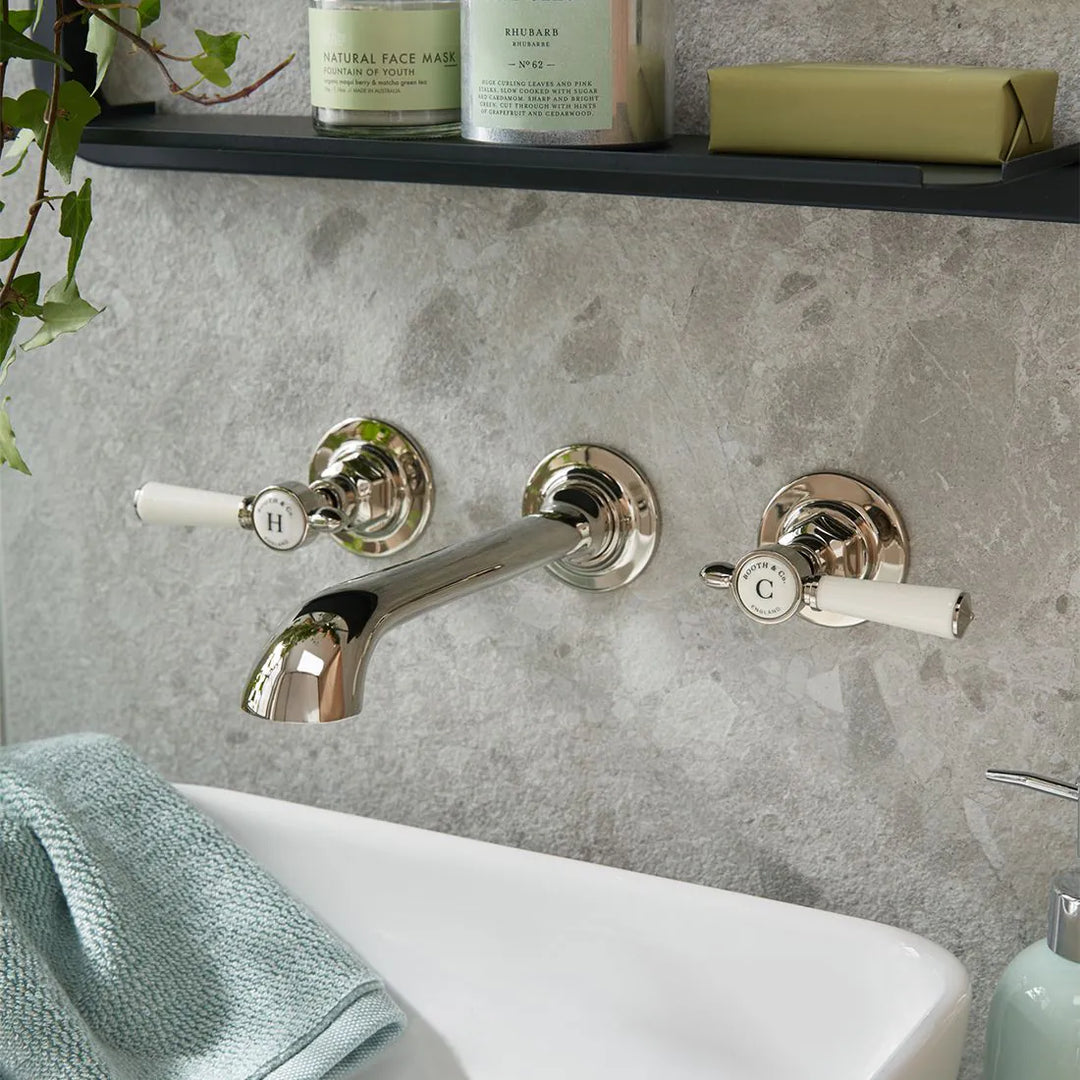 Booth & Co Axbridge Wall Mounted Lever Handles 3 Hole Basin Mixer
