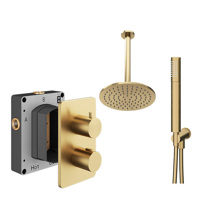 Abacus Shower Pack 4 Round Fixed Shower Head With Handset And Holder In Brushed Brass