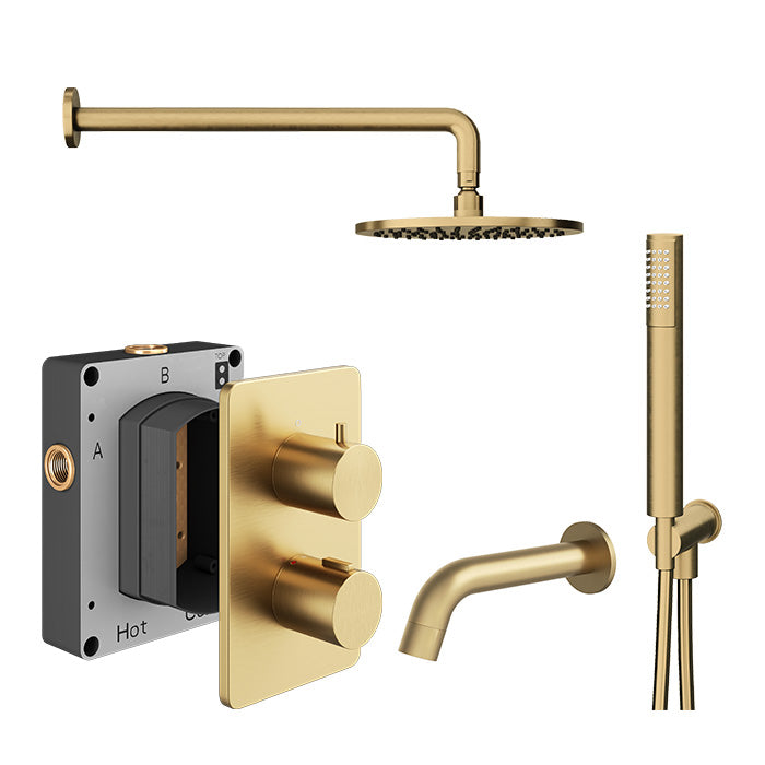 Abacus Shower Pack 5 Round Fixed Shower Head With Handset, Holder And Bath Spout In Brushed Brass
