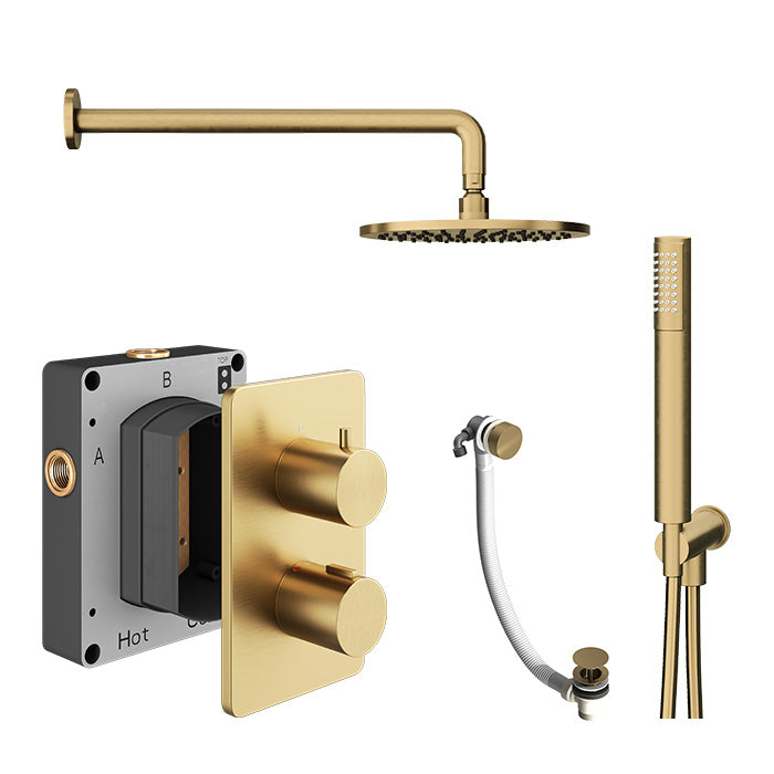 Abacus Shower Pack 6 Round Fixed Shower Head, Handset & Overflow Filler In Brushed Brass