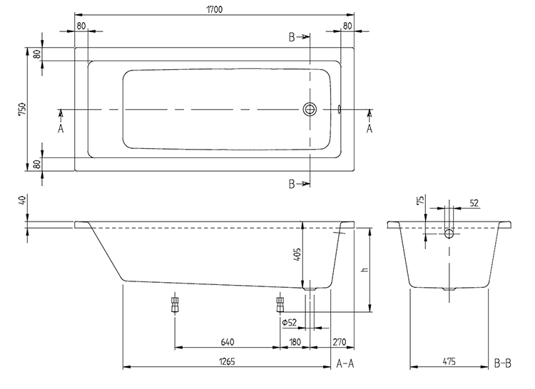 Villeroy & Boch Targa Plus 1700 x 750mm Single Ended Bath