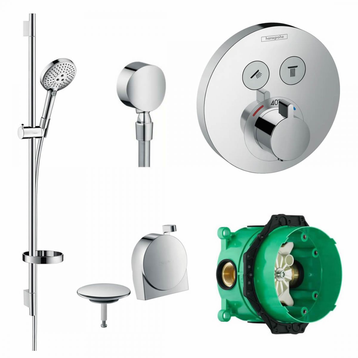 Hansgrohe ShowerSelect S Concealed Valve with Raindance Select Rail Kit and Exafill Bath Filler